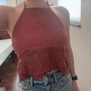 American Eagle Outfitters Rust Halter Crochet-Trim Crop Top